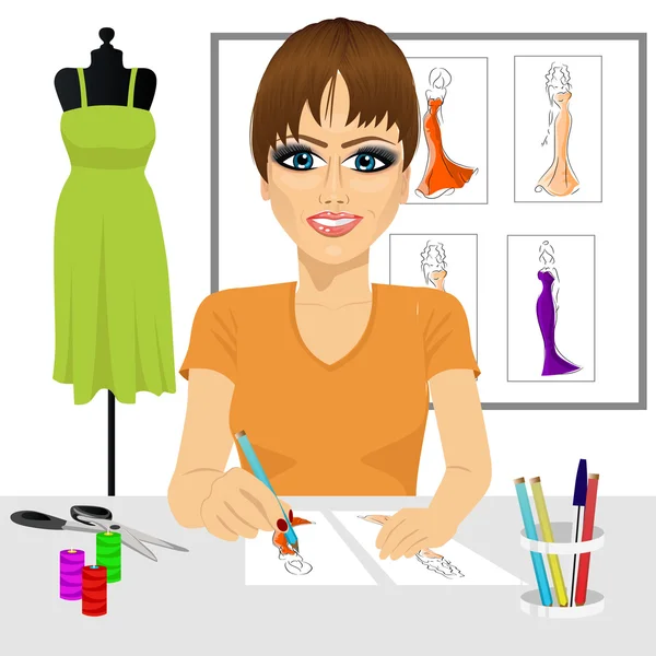 Návrhář kreslení šaty design skici — Stockový vektor
