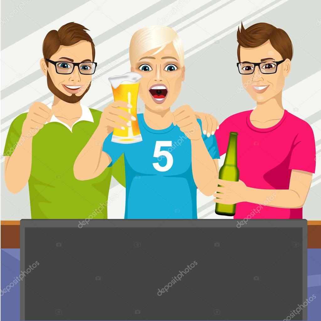 three young friends watching sports game