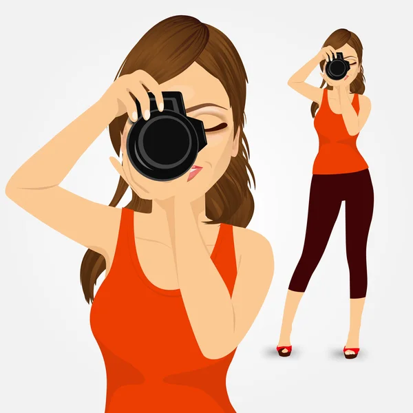 Young photographer woman taking photos — Stock Vector