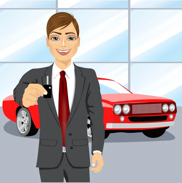 Automobile salesman holding the key — Stock Vector