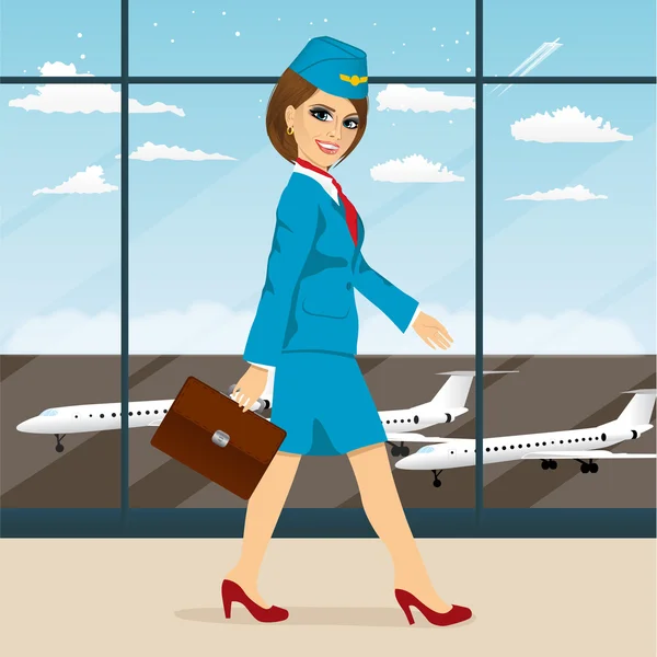 Stewardess with briefcase walking through airport terminal — Stock Vector