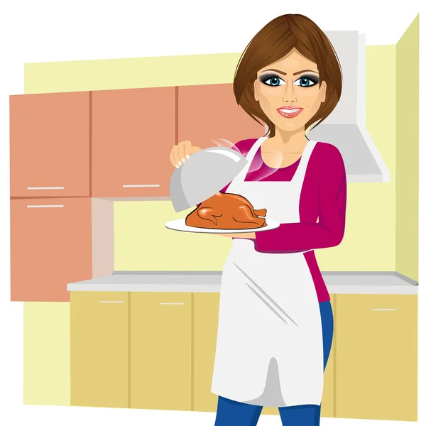 Woman cooking traditional thanksgiving turkey — Stock Vector