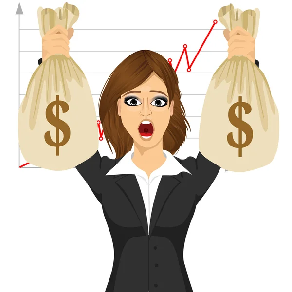 Donna d'affari in possesso di due grandi sacchi di denaro dollaro — Vettoriale Stock