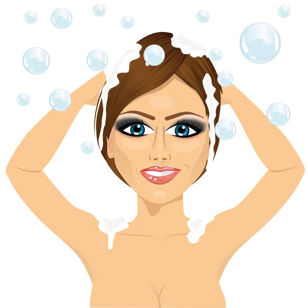魅力的な女性はシャンプーで髪を洗う — ストックベクタ