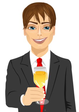young handsome businessman toasting with a glass of champagne