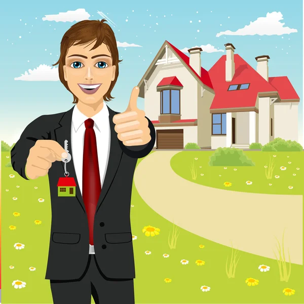 Agente imobiliário segurando a chave de uma nova casa — Vetor de Stock
