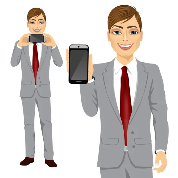 Hombre de negocios mostrando su teléfono inteligente — Vector de stock