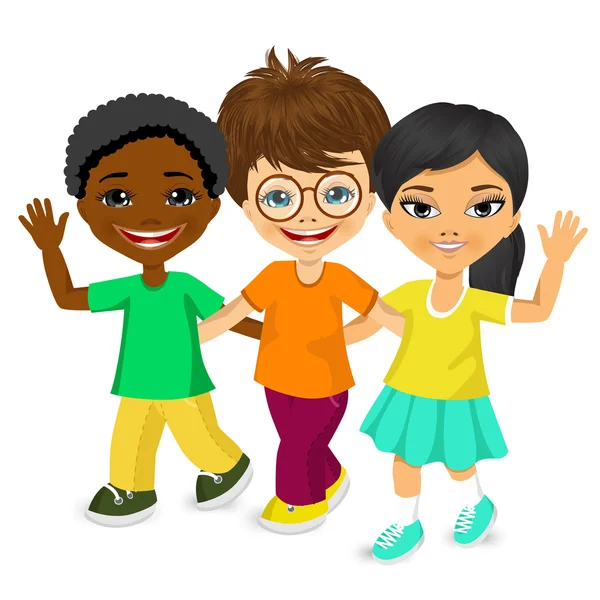 Glückliche multirassische Kinder, die zusammen gehen — Stockvektor