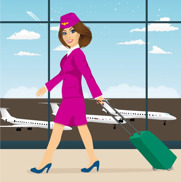 Hôtesse de l'air avec bagages marchant dans le terminal de l'aéroport — Image vectorielle