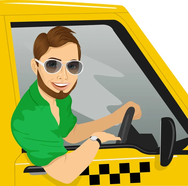 Șofer de taxi cu ochelari de soare în mașină galbenă zâmbind — Vector de stoc