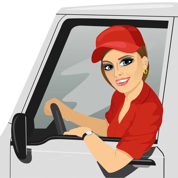 Smiling truck female driver in the car — Stock Vector