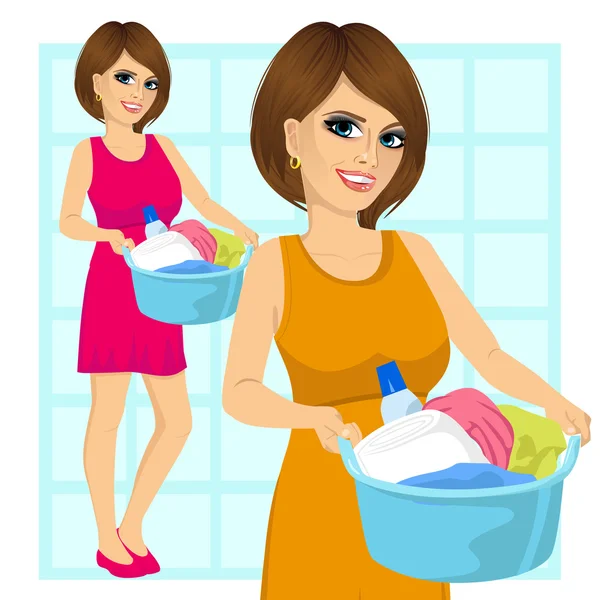 Kvinna med en tvättkorg full med smutsiga kläder — Stock vektor