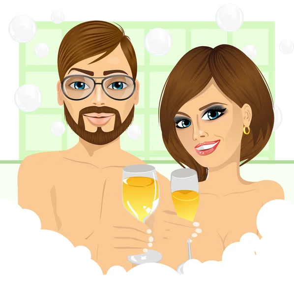 Pareja haciendo tostadas con champán en la bañera — Vector de stock