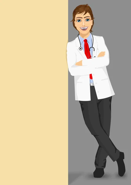 Male doctor with glasses leaning against a blank board — Stock Vector