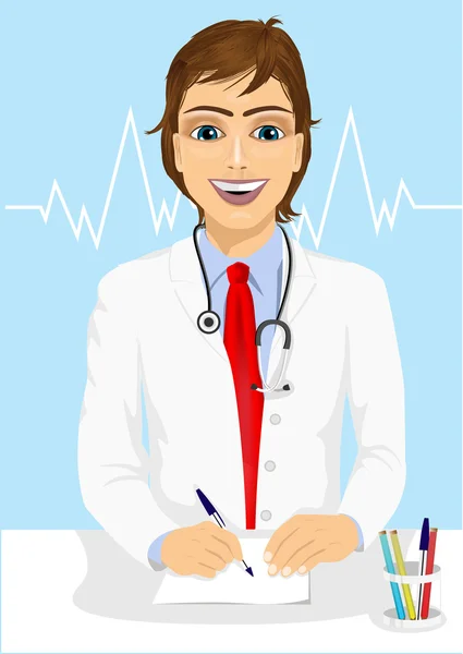 Male handsome doctor writing a prescription — Stock Vector