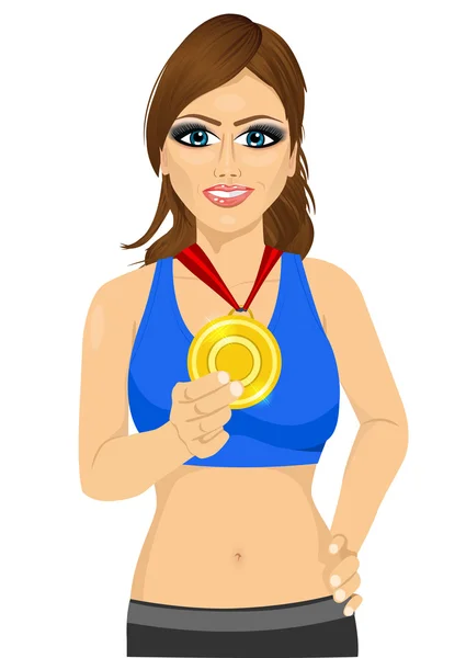 Female athlete showing her gold medal — Stock Vector