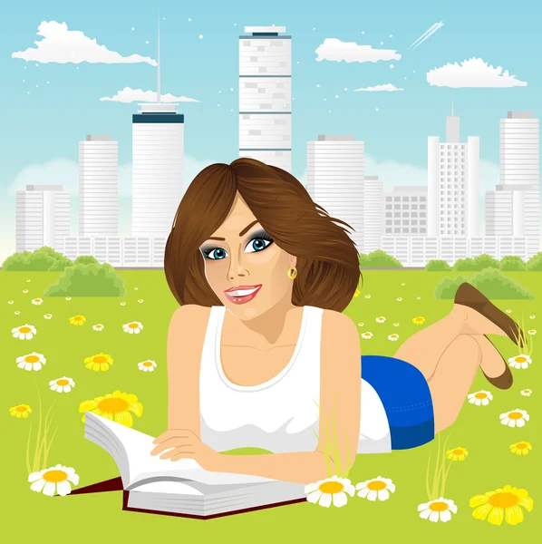 Woman lying down on grass reading book — Stock Vector