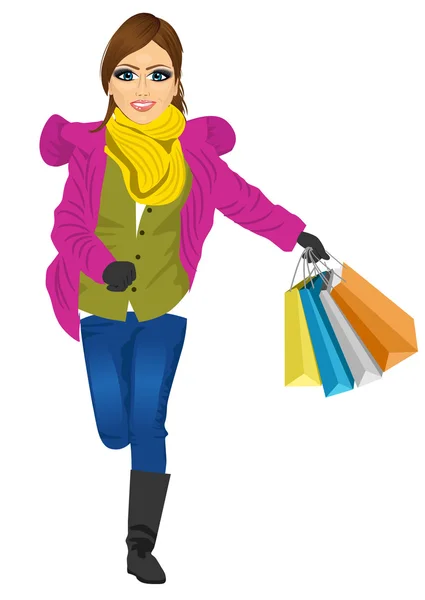 Vásárlás nő fut örömteli ajándékcsomagot — Stock Vector