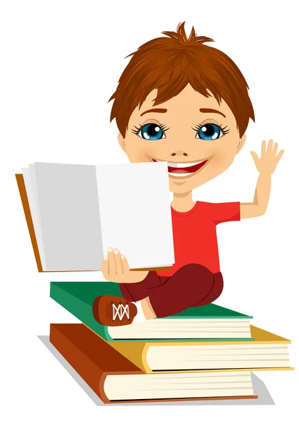 Little boy showing an open book sitting on stack of books — Stock Vector