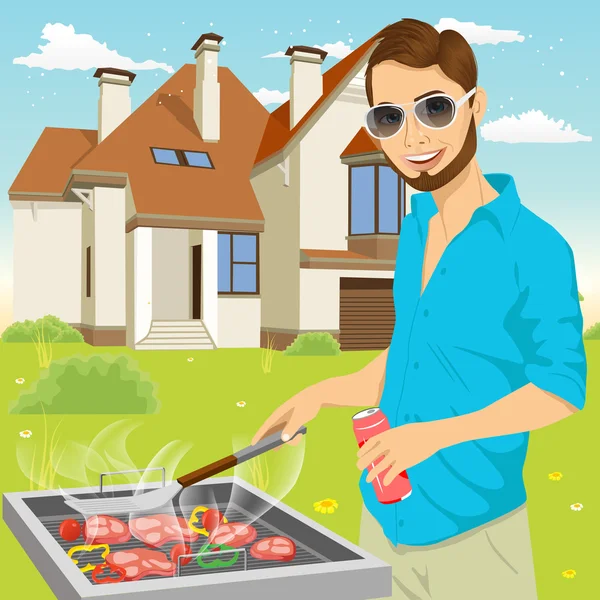 Joven hipster hombre barbacoa carne en la parrilla — Vector de stock