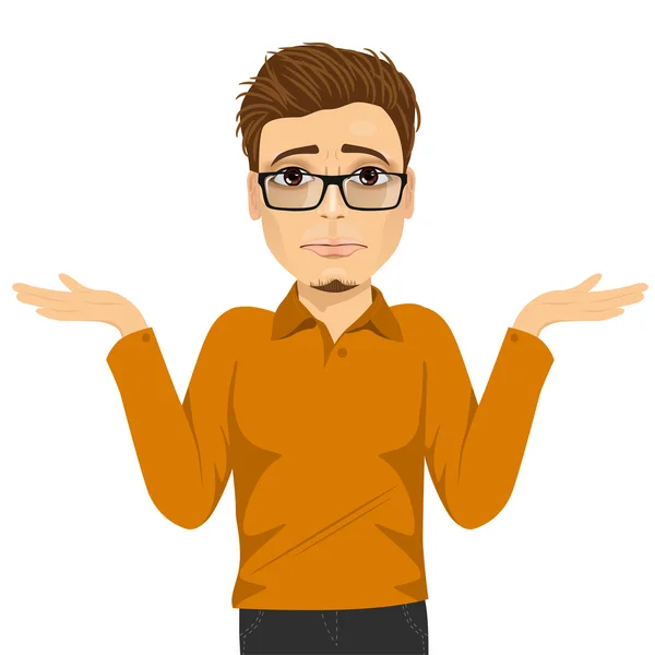 Young man with glasses in doubt making shrug expression — Stock Vector