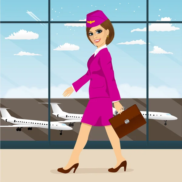 Stewardess with briefcase walking through airport terminal — Stock Vector
