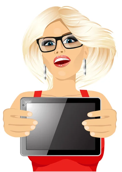 Mujer mostrando tableta — Vector de stock