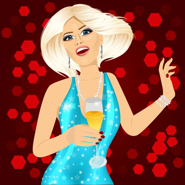 Donna in abito scintillante acqua con in mano un bicchiere di champagne — Vettoriale Stock