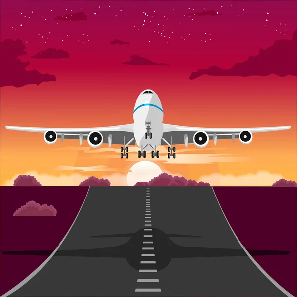 Flygplan lyfter från landningsbanan på kvällen — Stock vektor
