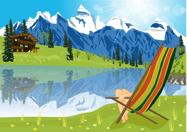 Mujer tomando el sol en el sillón junto a un lago situado a los pies de una montaña — Vector de stock