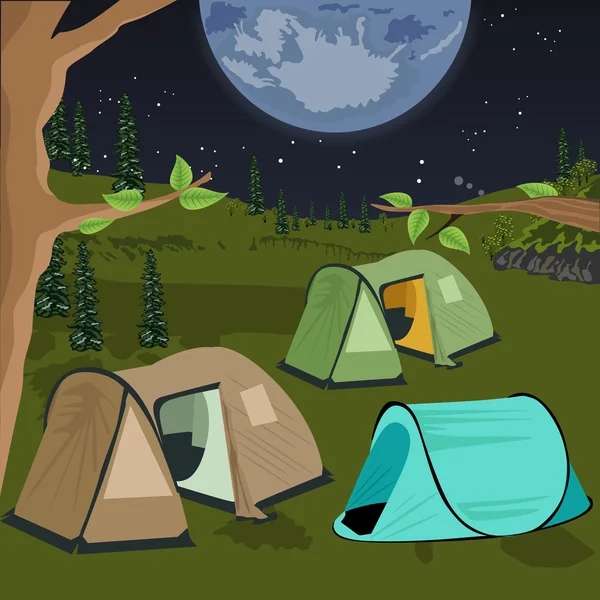 Кемпинг ночью с палатками под ночным небом с большим количеством звезд и большой луны — стоковый вектор