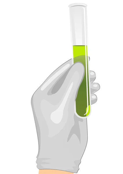 Mano sosteniendo un tubo de ensayo lleno de líquido verde — Vector de stock