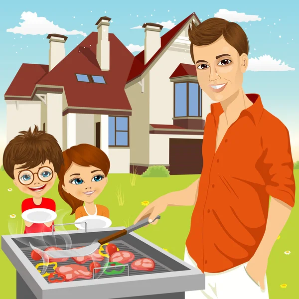 Jeune père heureux barbecue viande sur le gril — Image vectorielle