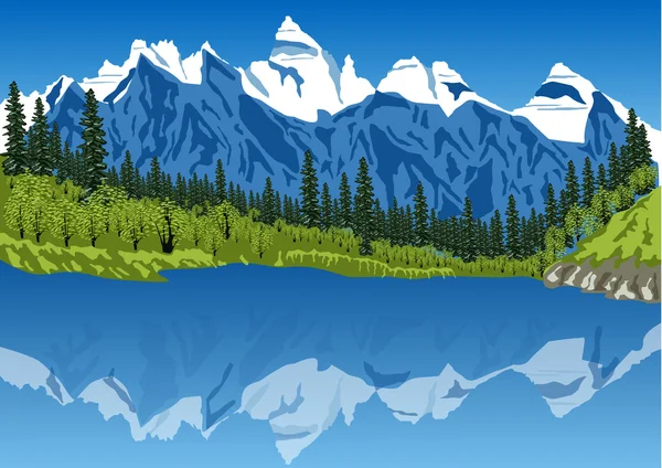 Paisaje idílico de verano en los Alpes con lago de montaña clara — Vector de stock