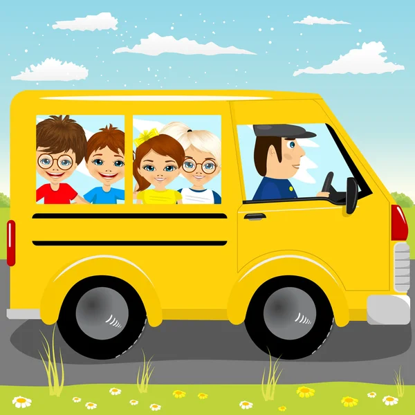 Caucasian school kids riding a schoolbus — Stock Vector