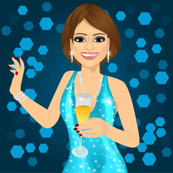 Frau im Aqua-Glitzerkleid mit einem Champagnerglas — Stockvektor