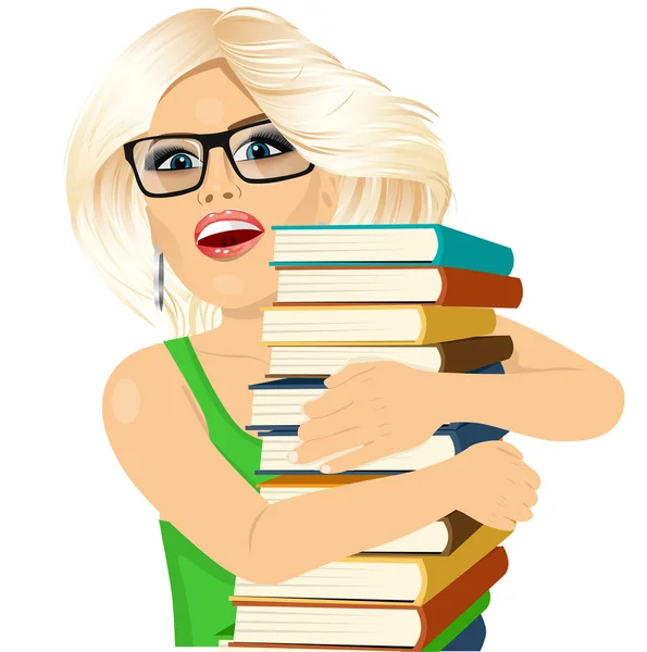 Mulher loira abraçando pilha de livros alegremente —  Vetores de Stock
