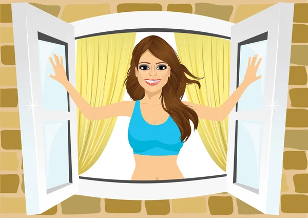 Attractive woman opening her room s windows — Stock Vector