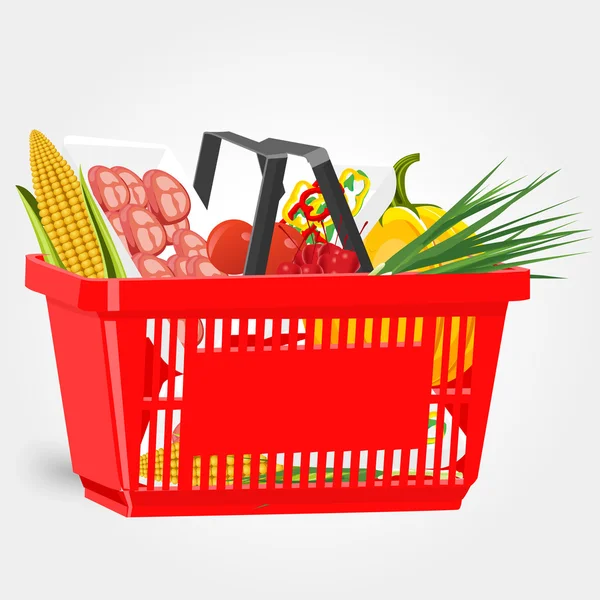 Cesta de compras cheia de alimentos isolados no fundo branco — Vetor de Stock