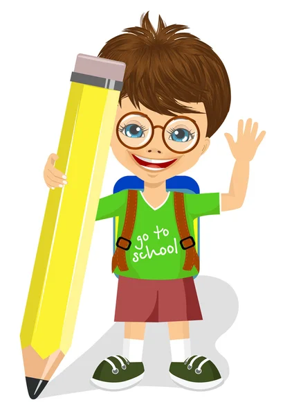 Cute little boy with glasses holding big yellow pencil — Stock Vector