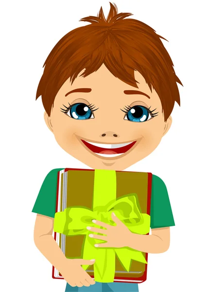 Egy halom könyvet, díszített zöld szalag átölelve kisfiú — Stock Vector