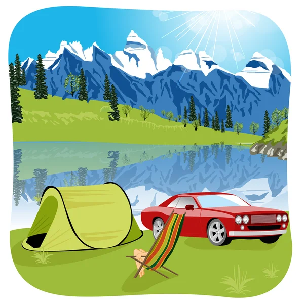 Tente camping lac touristique expédition en montagne — Image vectorielle