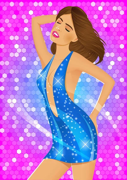 Chica morena sexy en vestido azul levantando su brazo derecho — Vector de stock