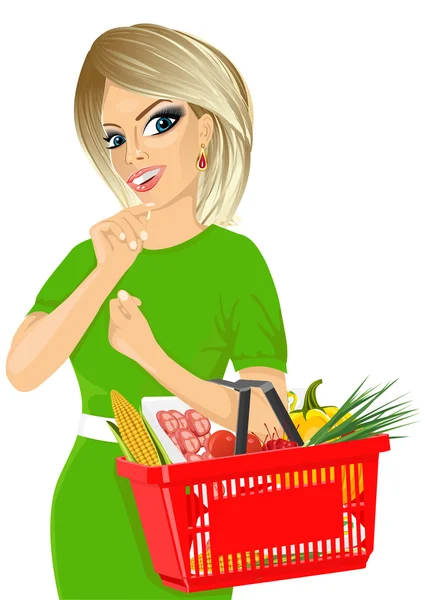 Thoughtful blonde woman holding an empty shopping basket — Stock Vector