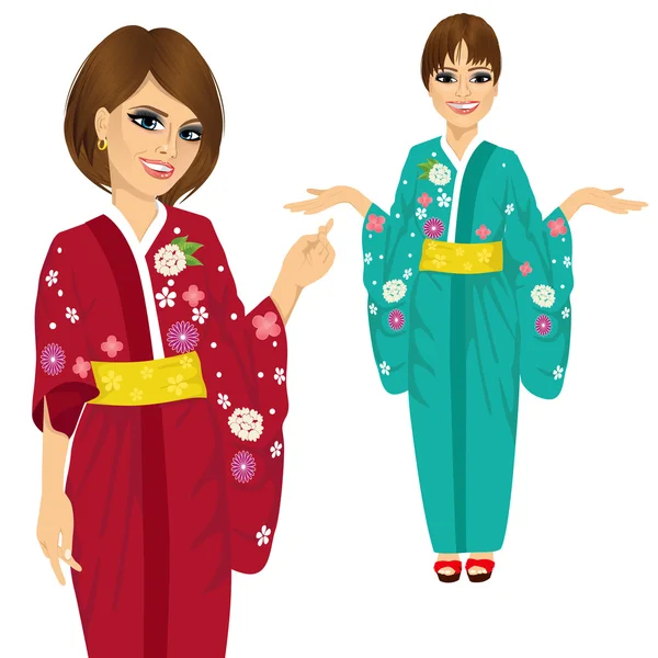 Přitažlivá Japonka nosí kimono s květy, polohovací a ruční granát — Stockový vektor