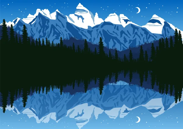 Lac près de la pinède dans les montagnes sous le ciel nocturne — Image vectorielle