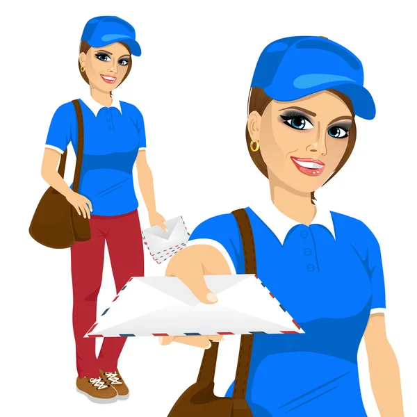 Atractivo post mujer en uniforme camisa azul entrega de correo con bolsa de cuero marrón — Vector de stock