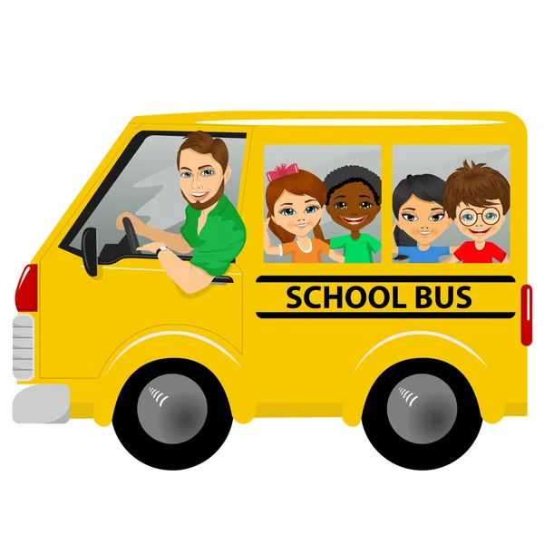 Παιδιά πολυφυλετικής Σχολή ιππασίας ένα schoolbus — Διανυσματικό Αρχείο