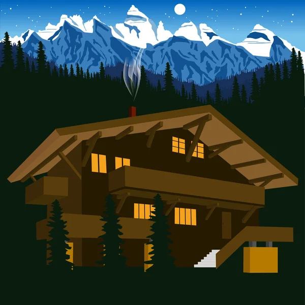 Chalet en bois dans les Alpes de montagne la nuit — Image vectorielle