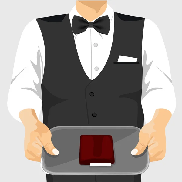Kellner hält ein Tablett mit einem Scheck drauf — Stockvektor